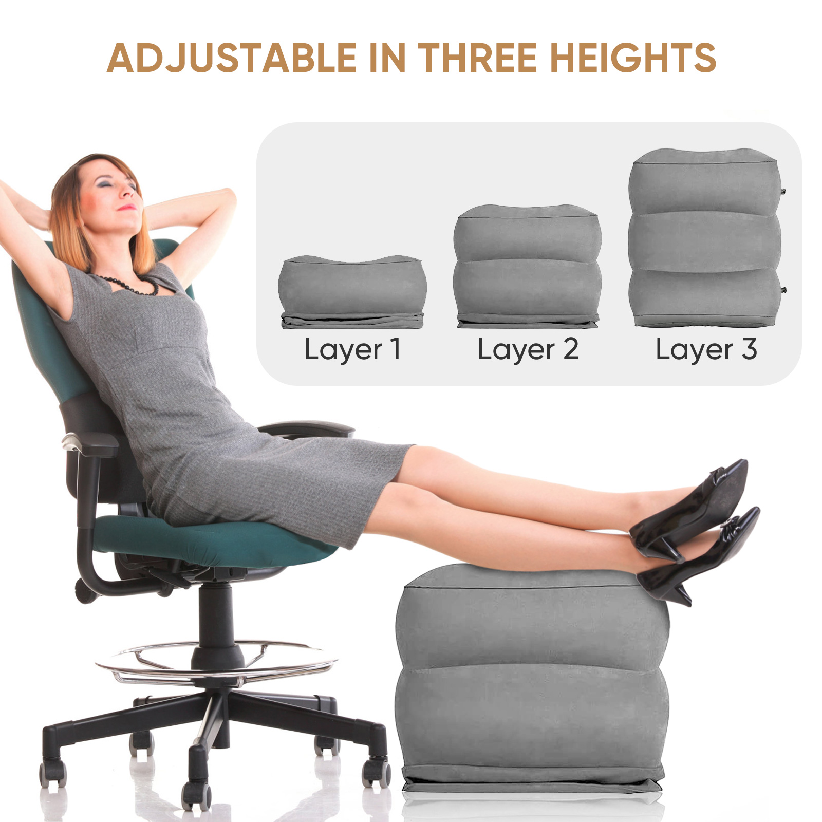 Travel Pillow Inflatable - ที่วางเท้าบนเครื่องบิน หมอนรองเท้าสำหรับเดินทาง ที่วางเท้าแบบพองลมสำหรับเครื่องบิน ปรับความสูงได้ 3 ชั้น