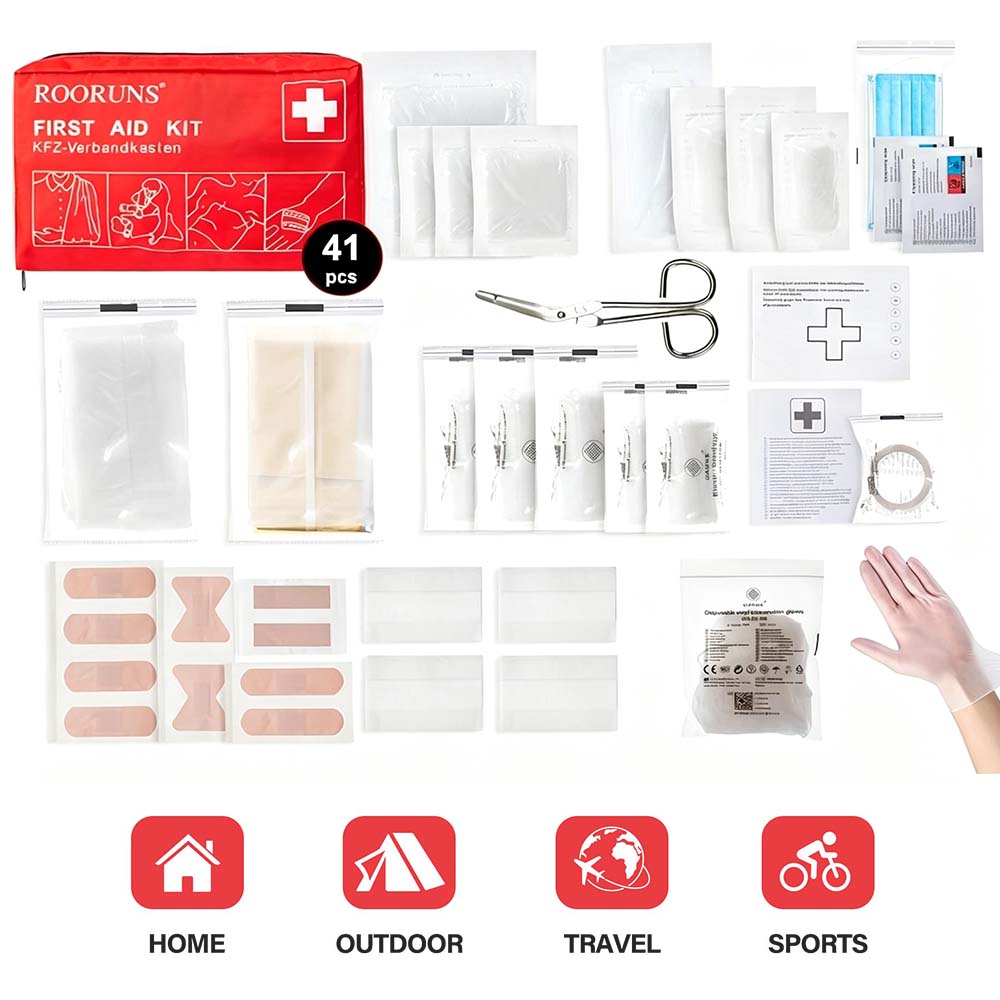 Travel Accessories Needed - ชุดปฐมพยาบาลสำหรับเดินทาง 41 ชิ้น สีแดง ชุดฉุกเฉินในรถยนต์ กระเป๋าแพทย์พกพา