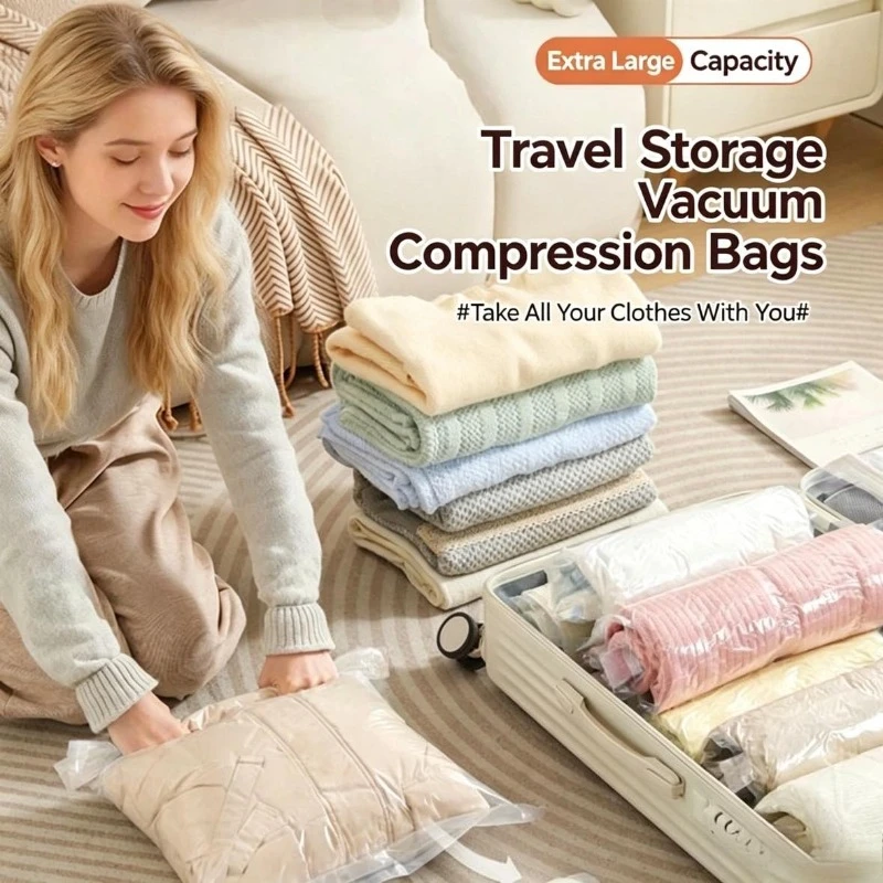 Travel Accessories Needed - ถุงเก็บของแบบม้วนเก็บได้ ประหยัดพื้นที่ สำหรับเดินทาง อุปกรณ์เสริมสำหรับการเดินทาง ถุงบีบอัดสำหรับจัดเก็บเสื้อผ้า ไม่ต้องใช้ปั๊มหรือเครื่องดูดฝุ่น