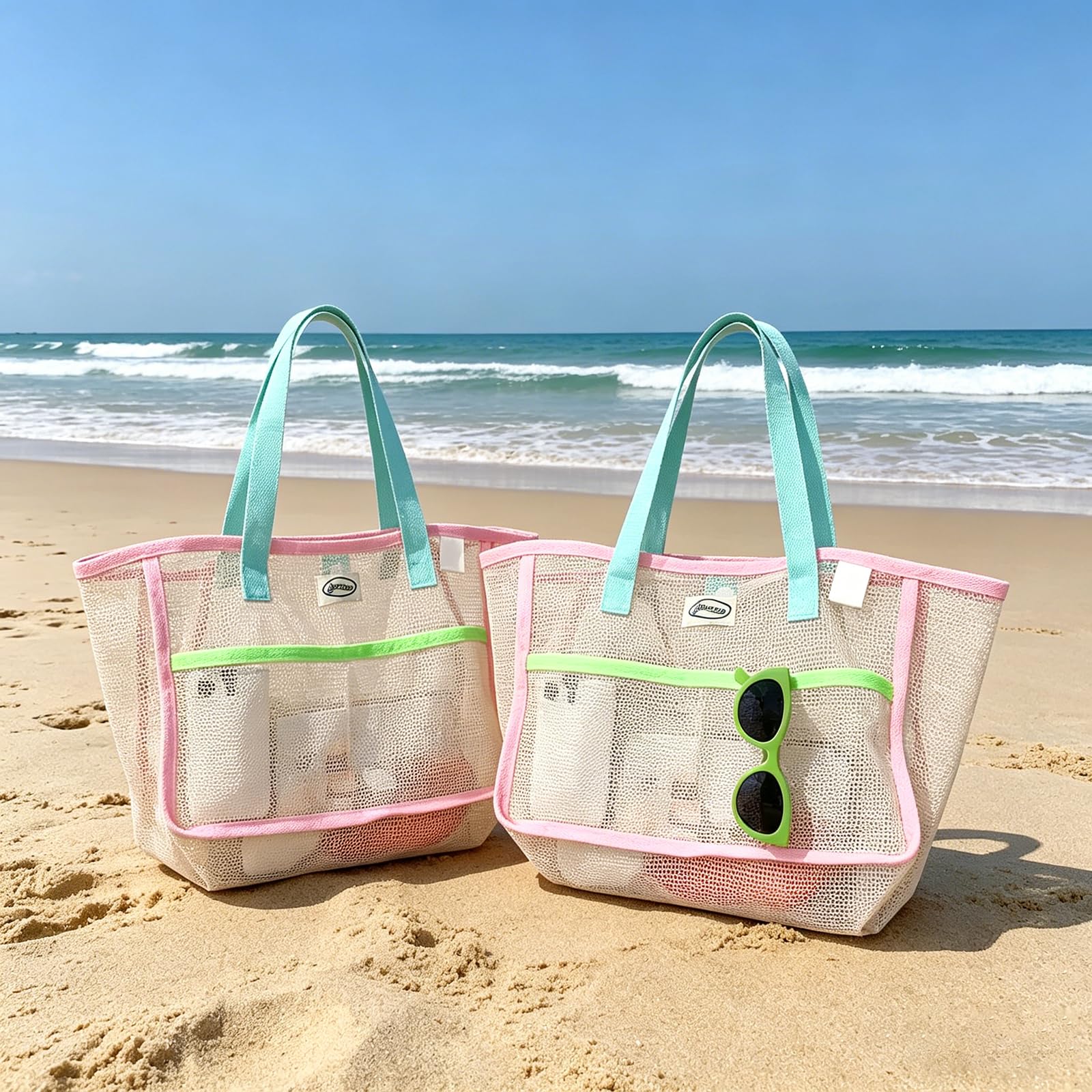 Travel Packing Accessories - กระเป๋าชายหาดสำหรับผู้หญิง กระเป๋าตาข่ายพับได้หลากสี กระเป๋าใส่ทราย กระเป๋าเดินทาง กระเป๋าเก็บของสำหรับสระว่ายน้ำ สำหรับอุปกรณ์ชายหาด