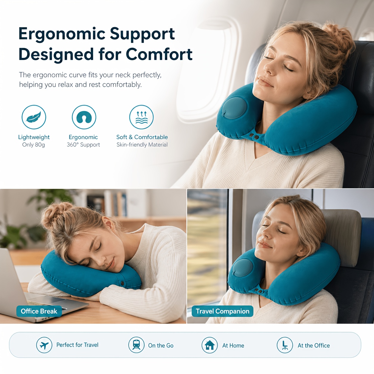 Travel Pillow Inflatable - SPDJUMPER หมอนรองคอแบบพกพาสำหรับเดินทาง, หมอนรูปตัว U พร้อมถุงเก็บของสำหรับเครื่องบิน, รถยนต์,
