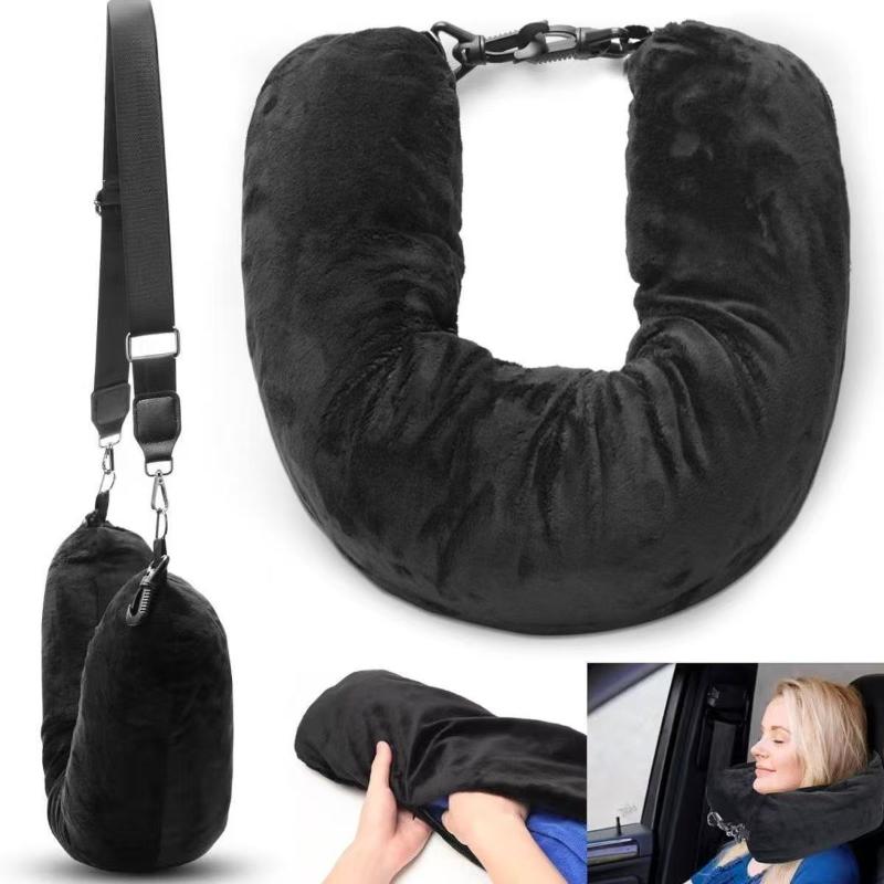 Travel Pillow Inflatable - หมอนรองคอสำหรับเดินทาง พร้อมถุงเก็บของแบบเติมเสื้อผ้าได้ ปลอกหมอนรูปตัวยู ผ้าคริสตัลฟลีซ สำหรับการเดินทางโดยเครื่องบิน